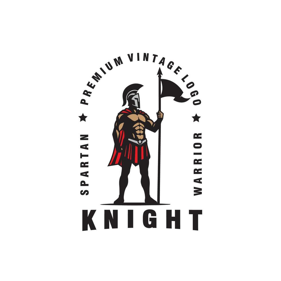 Standing Spartan Knight Warrior With Flag Logo Illustration vector
