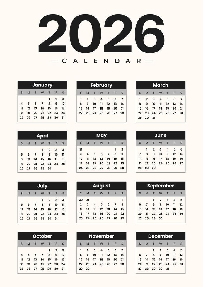 Black and white 2026 monthly calendar planner with clean a4 printable layout vector