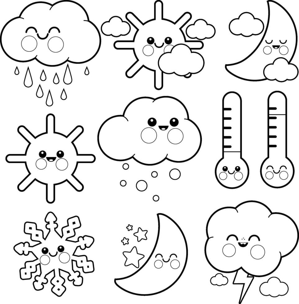 Weather icons set with cute cartoons. Sun, moon, clouds characters in different seasons. Rain, snow and sunshine. Hot and cold temperature. Black and white coloring page vector