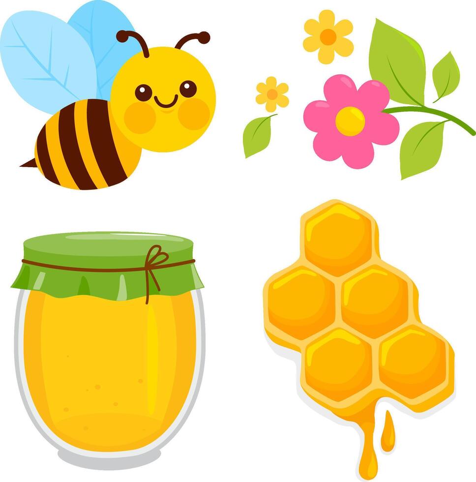 Honey collection with honey jar, honeycomb, flowers and a cute bee character. Organic sweet natural honey in container. vector
