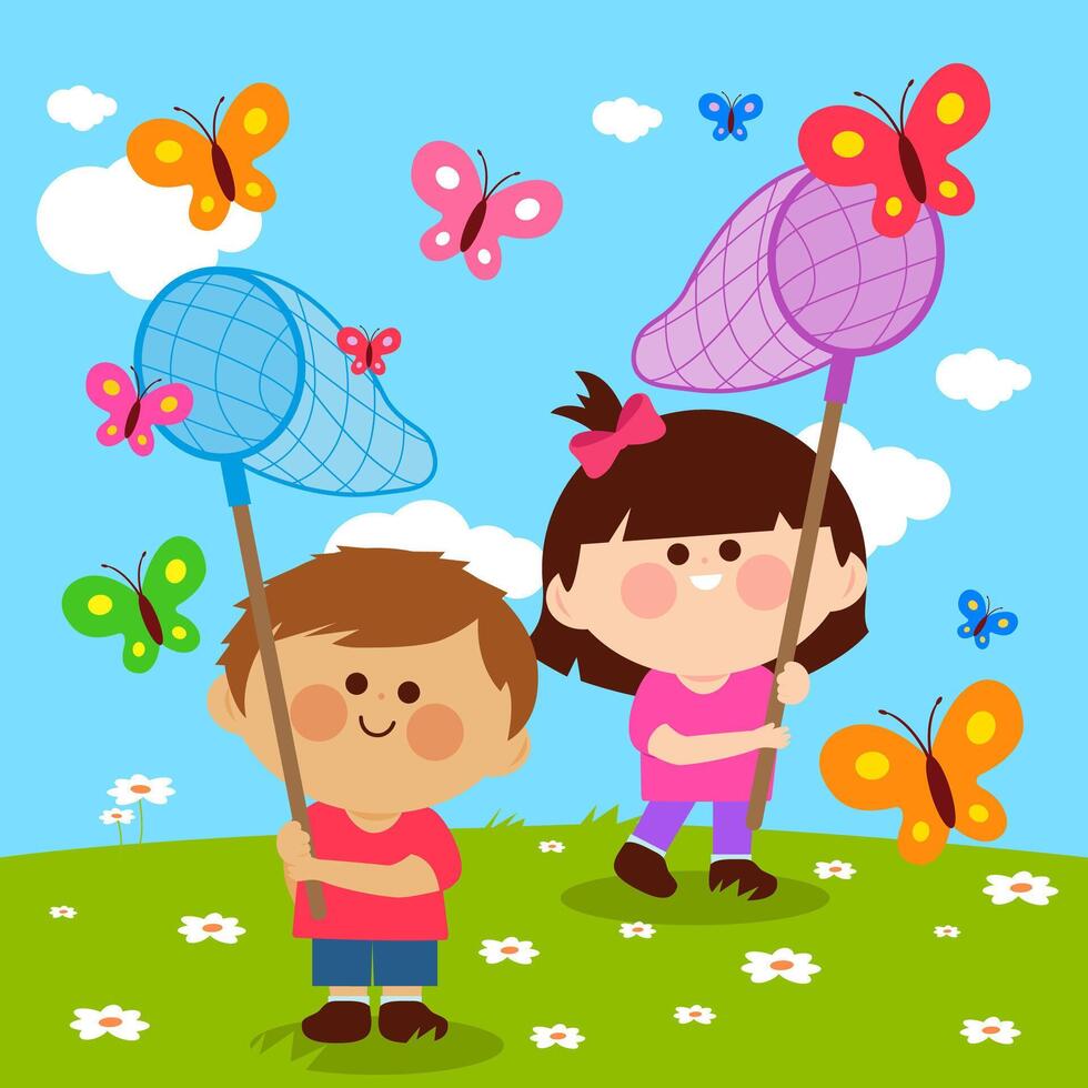 Children catch butterfly in spring nature. Two kids, a girl and a boy in a meadow in sunny day playing with butterfly nets and catching butterflies. vector