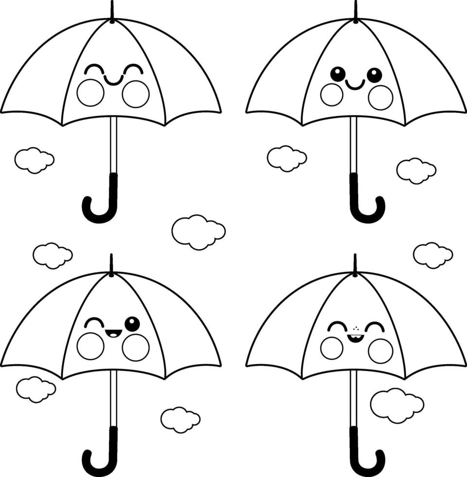 Rainy weather cartoon umbrellas in the cloudy sky. Cute umbrella characters in autumn and winter season. Black and white coloring page vector