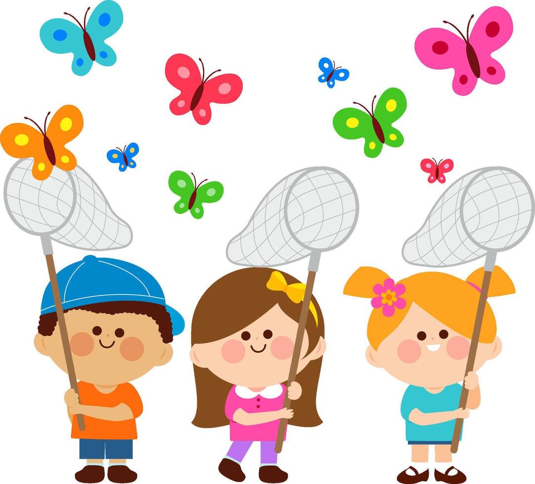 Children with butterfly nets catching butterflies. Boy and girl catch butterfly in spring nature. vector