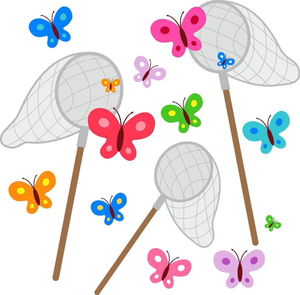 Butterfly nets catching butterflies on white background. Butterfly net collecting pretty colorful butterflies. Happy outdoor activity in nature. vector