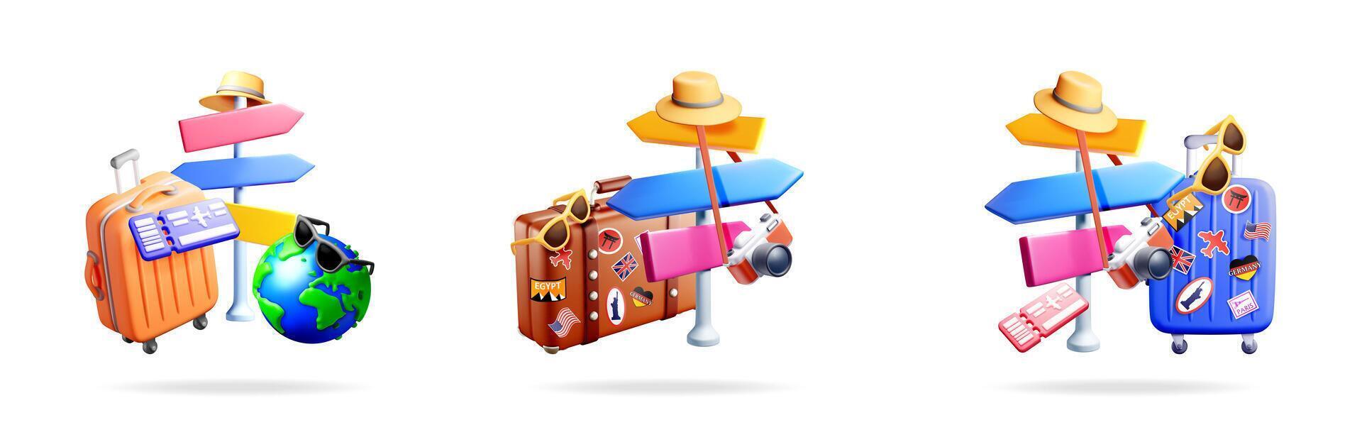 Colorful suitcases with travel accessories vector