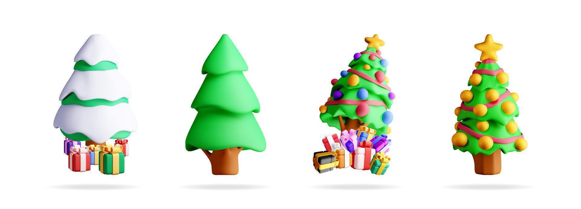 Colorful 3D Christmas tree designs with gifts vector