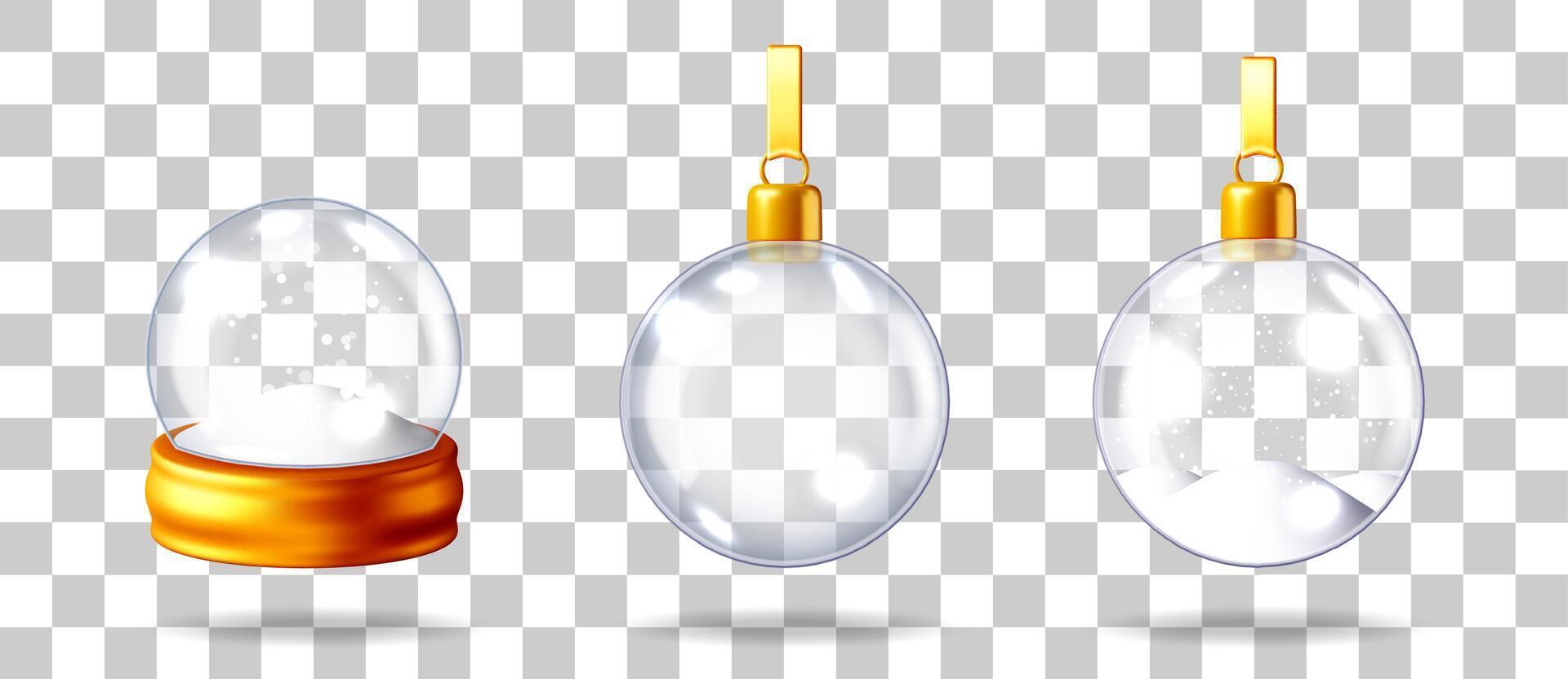Empty glass snow globe on golden stand and two clear christmas balls with snow inside, 3d illustration. vector