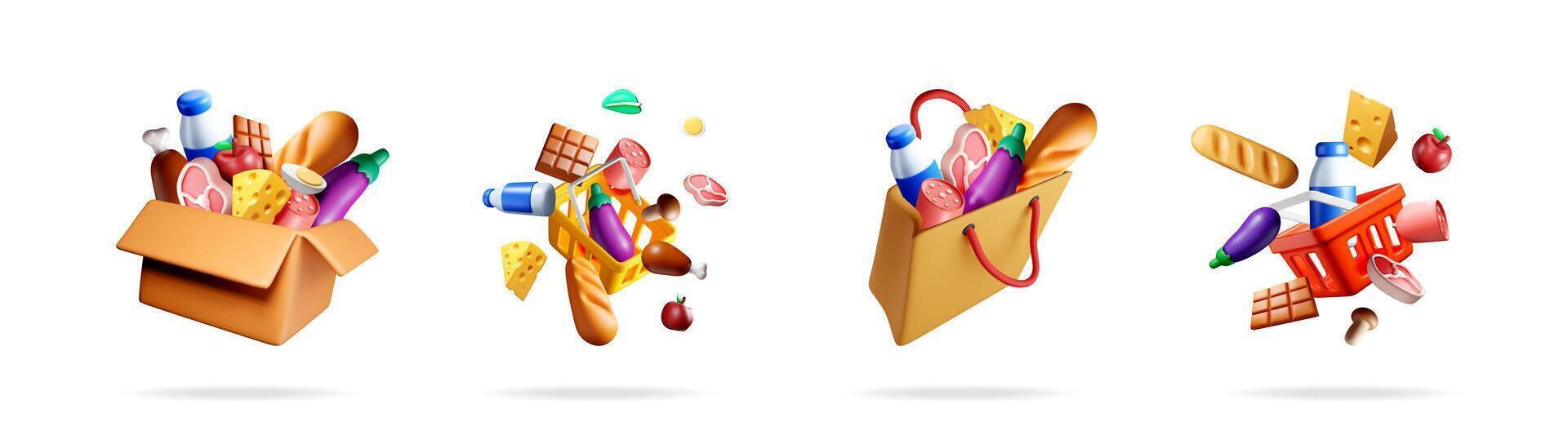 Boxes and bags filled with groceries vector