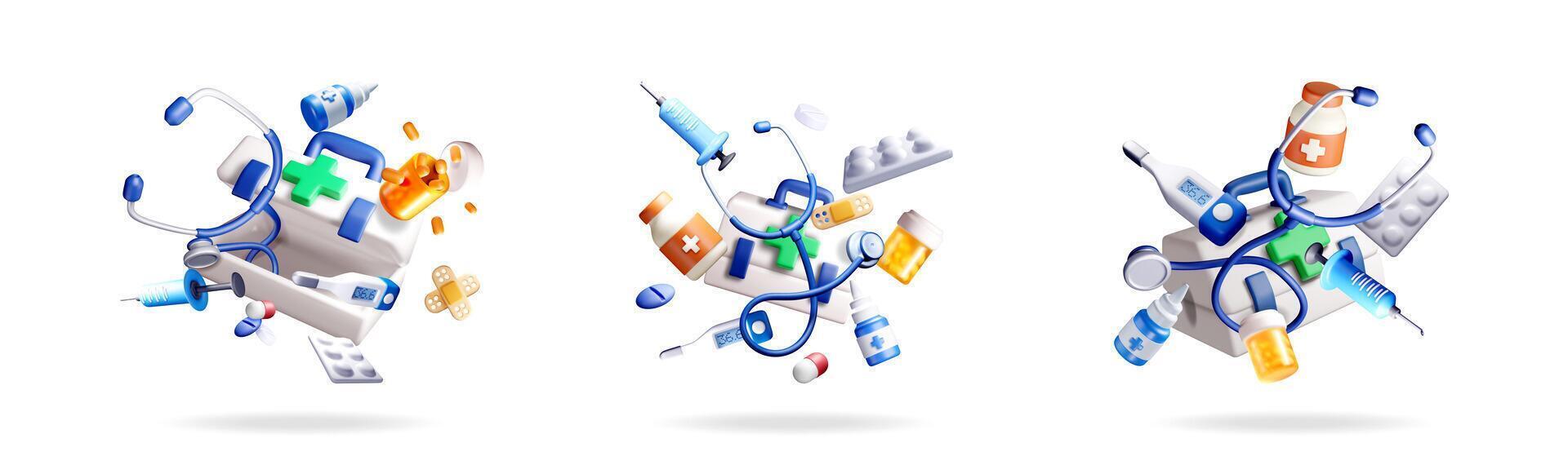3d medical items set for health and care vector