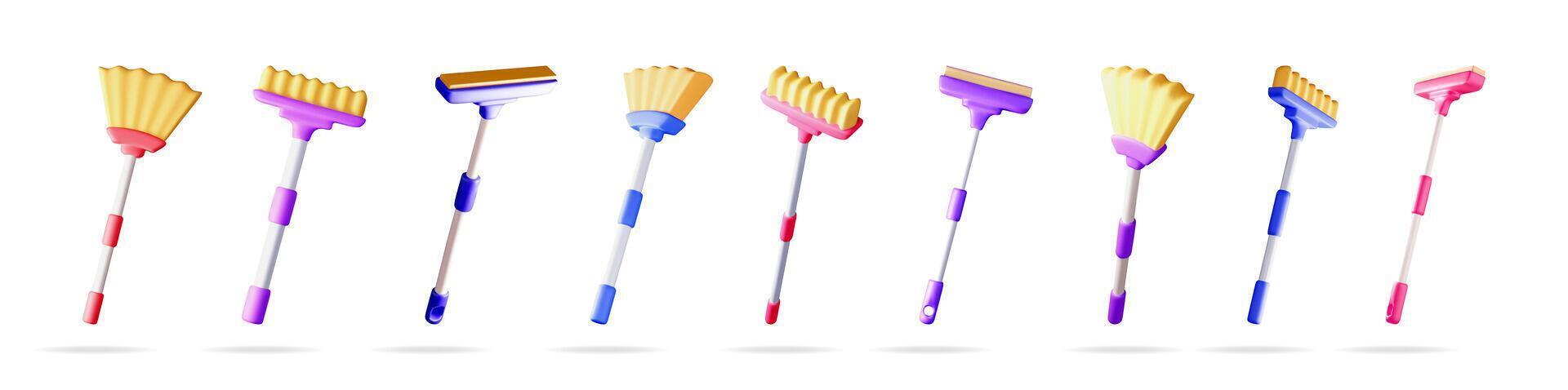 3d cleaning tools including brooms and mops vector