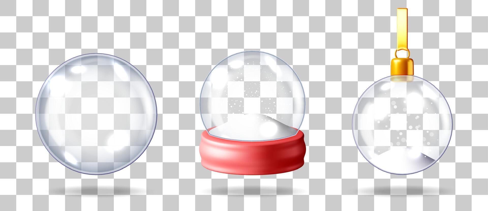 Set of realistic 3d snow globes. Glass sphere with snow and a transparent christmas tree ornament. Winter holiday season and New Year decoration concept. vector