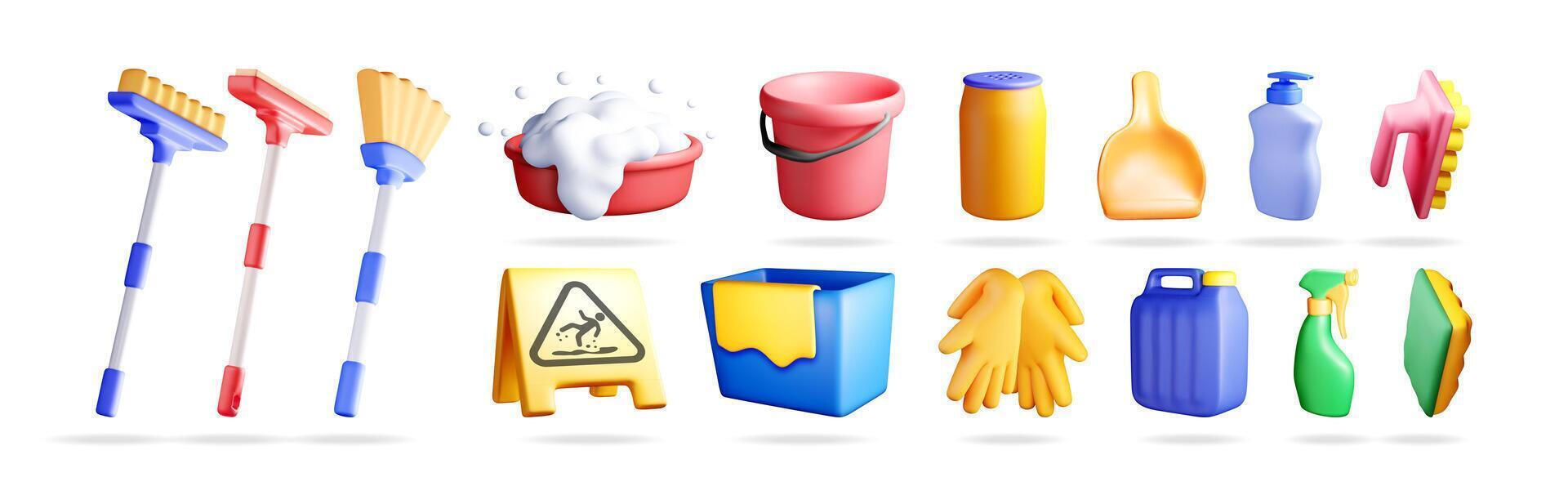 3d set of various cleaning supplies vector
