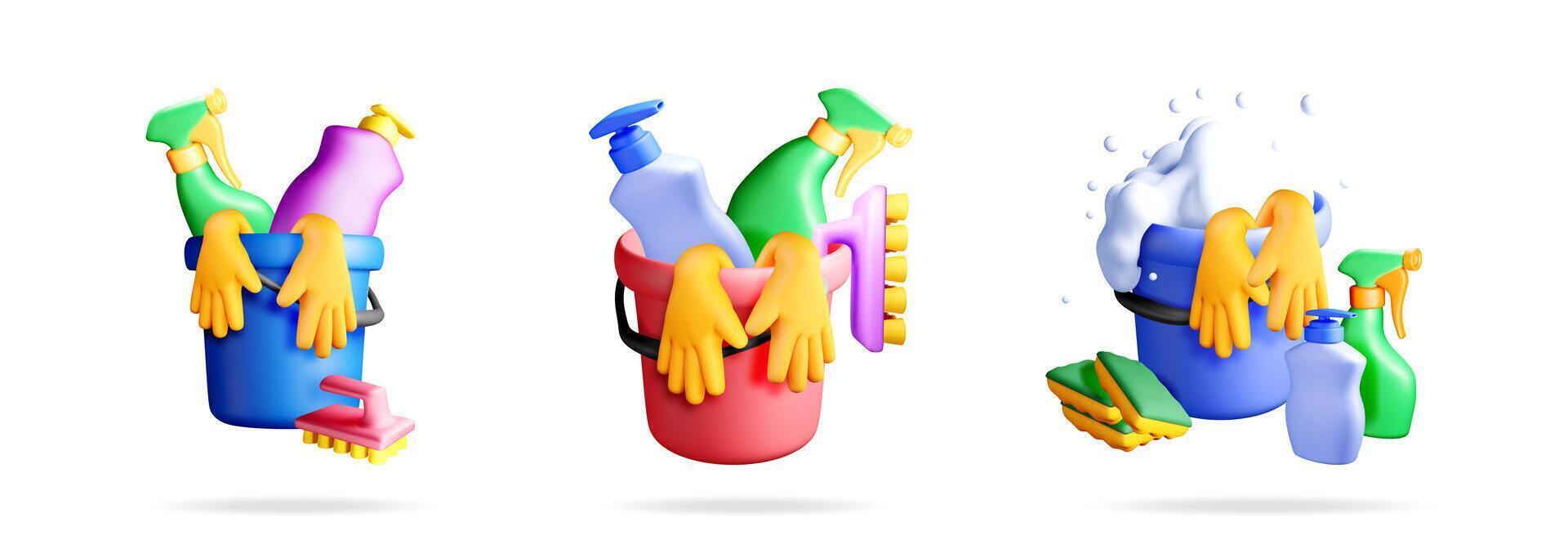 3d cartoon style cleaning set composition vector