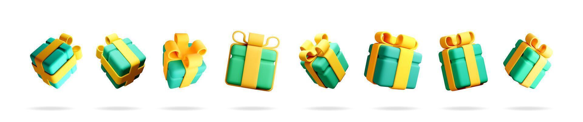 Many green and yellow gift box with ribbon and bow. Beautiful 3d rendering for celebration, birthday, anniversary, holiday concept. vector