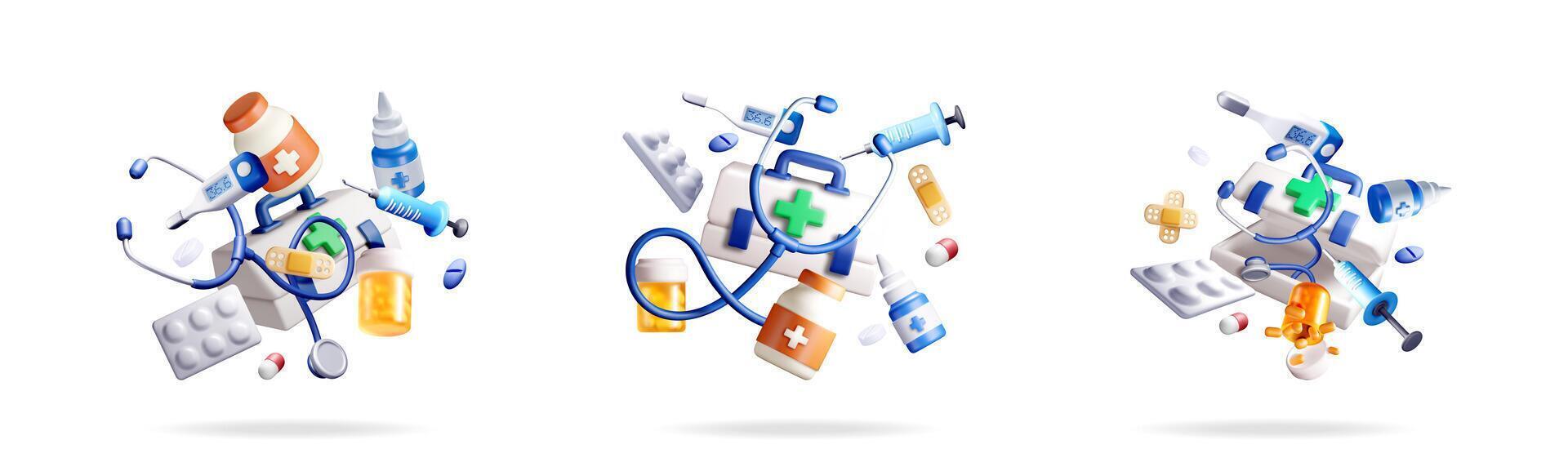 3d medical items set. First aid kit vector