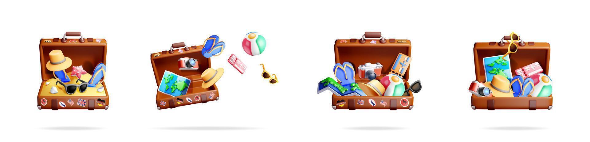 Suitcase full of travel items. vector