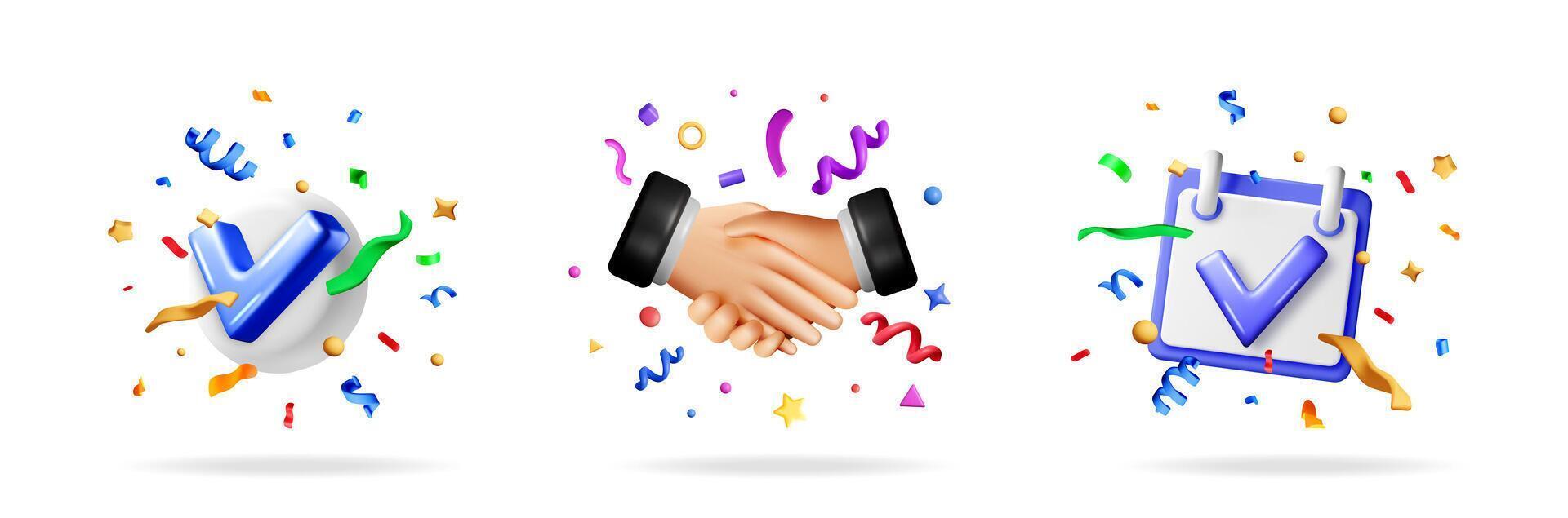 Colorful celebration icons with checkmark and handshake vector