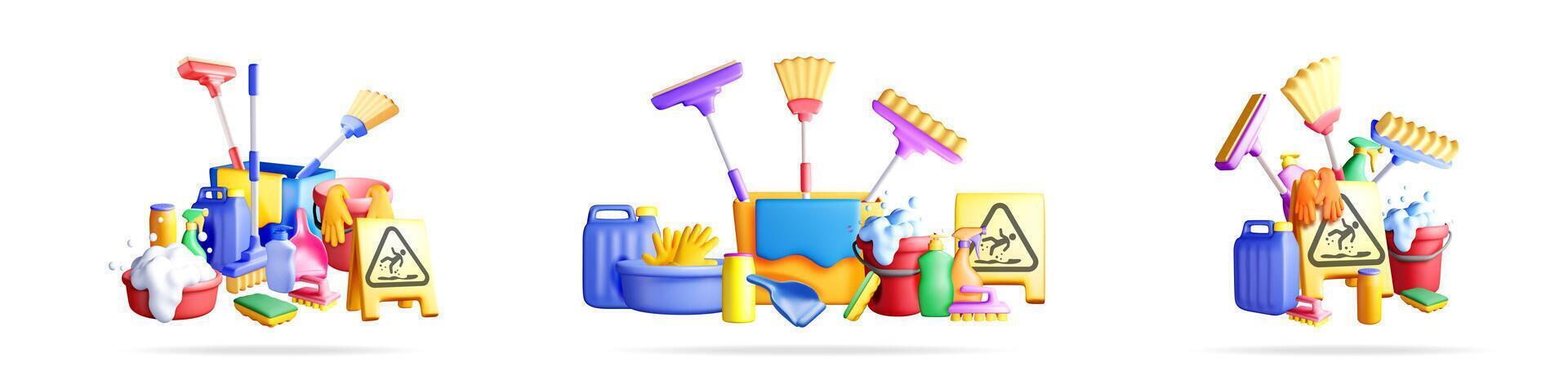 Colorful cleaning supplies and tools vector
