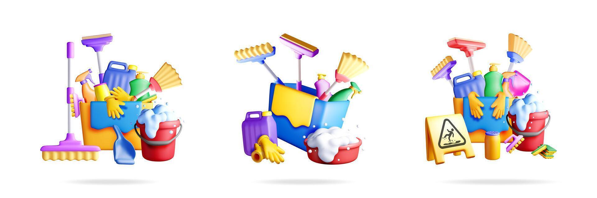 Three 3d stock illustrations cleaning tools vector