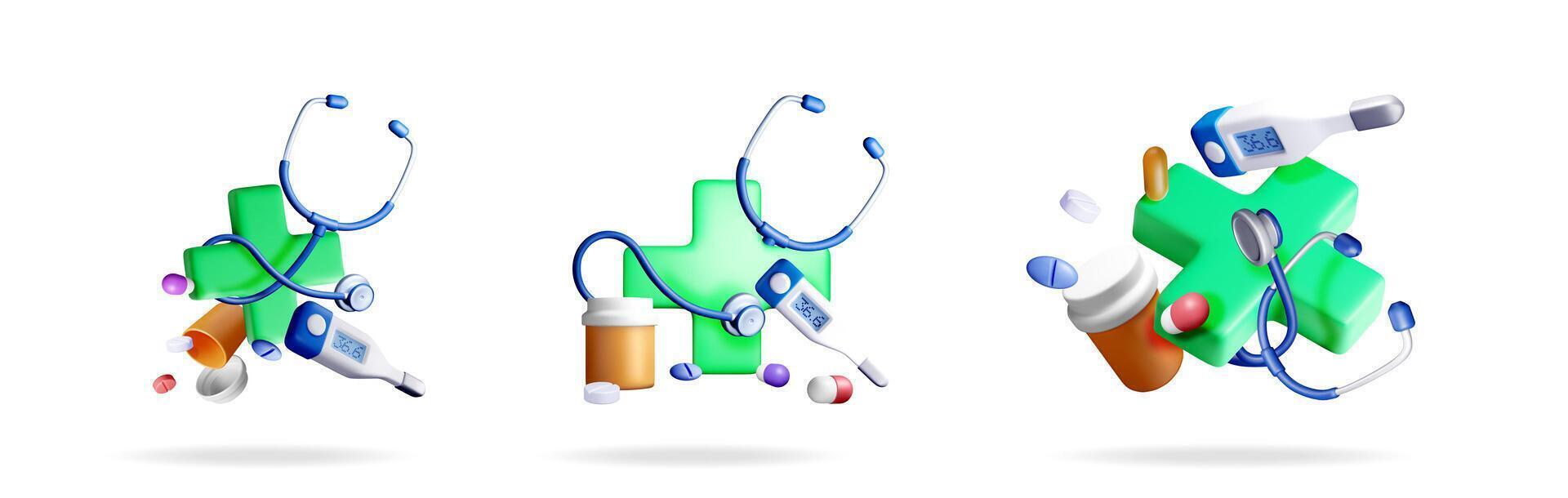 3d cross with stethoscope, thermometer, and pills vector