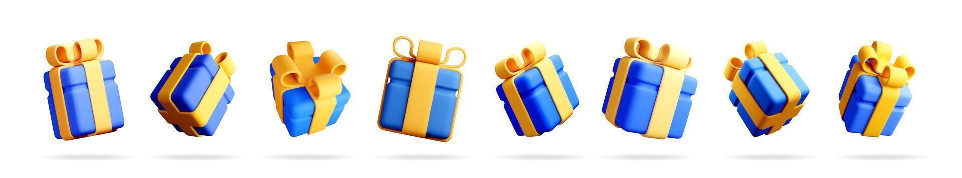 Blue gift box with yellow ribbon rotating in different angles. Holiday present for birthday or Christmas celebration. Special delivery concept. vector