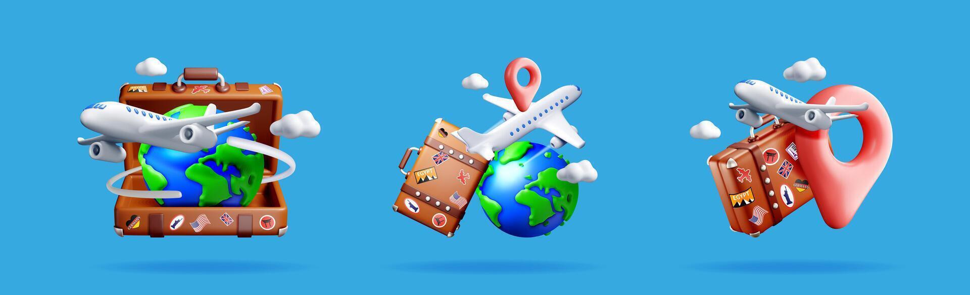 3d travel icons with globe, airplane and luggage vector
