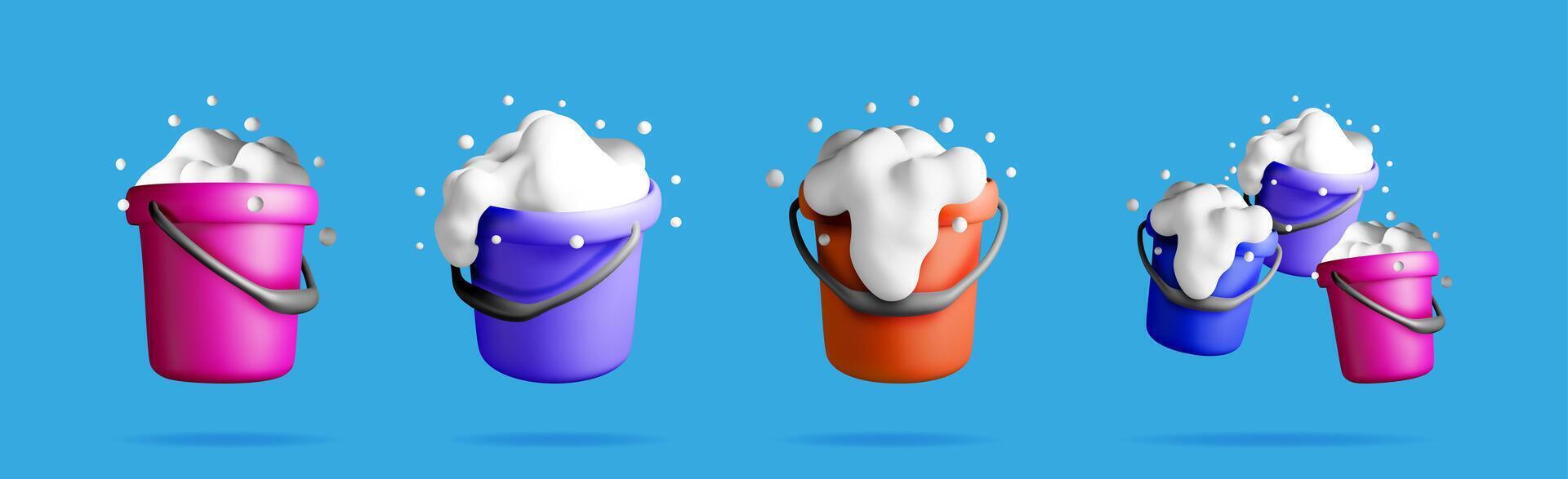 Set of 3d buckets with white soapy foam vector