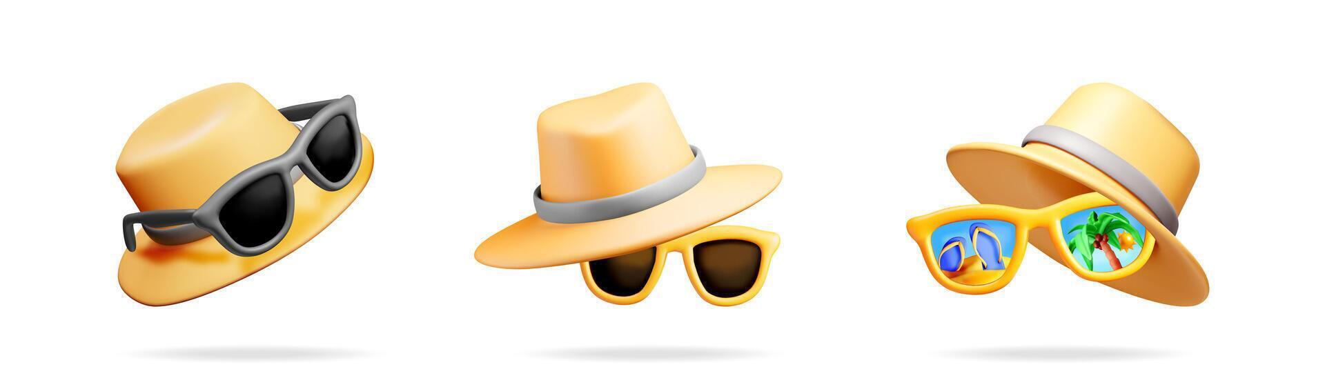 Set of 3d summer hat and sunglasses vector