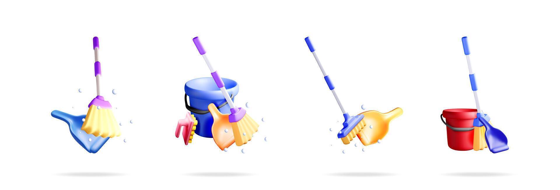 Cleaning tools set in 3d illustration vector