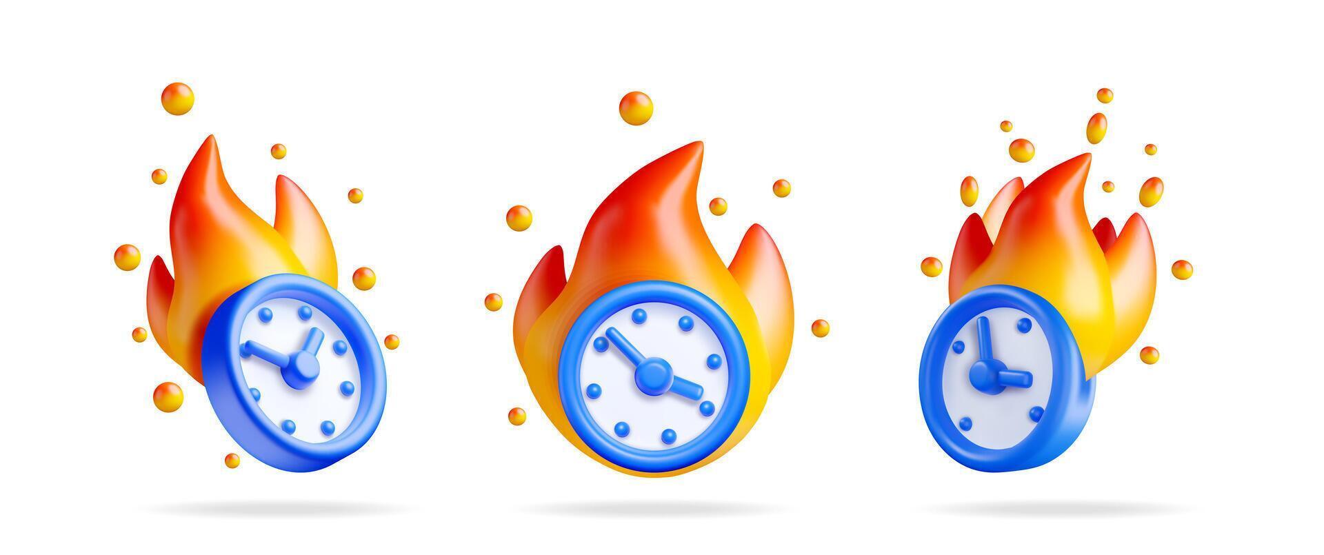 Three 3d alarm clock icon set with orange flames vector
