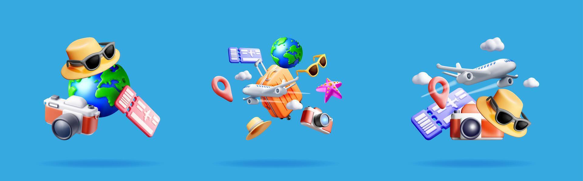 Colorful travel items with globe and airplane vector