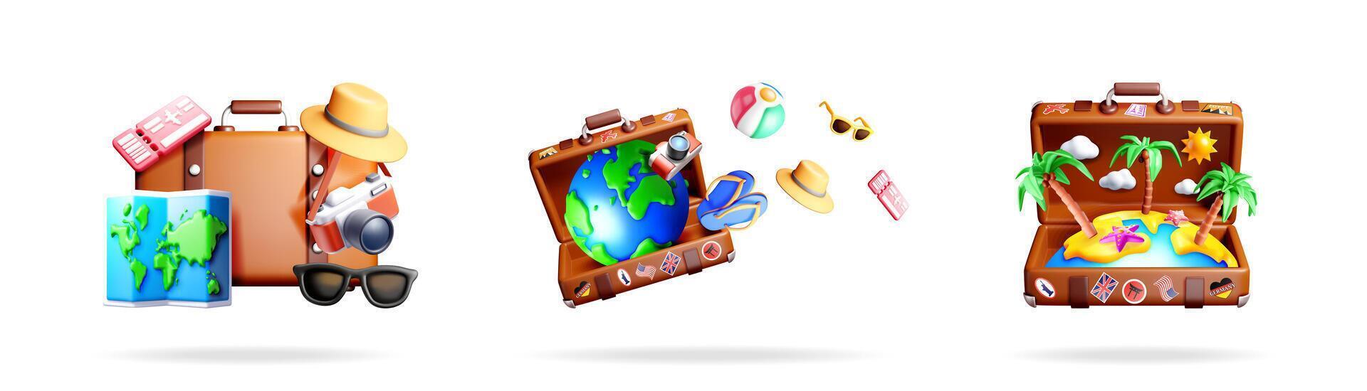 Three brown travel suitcases with beach and world vector