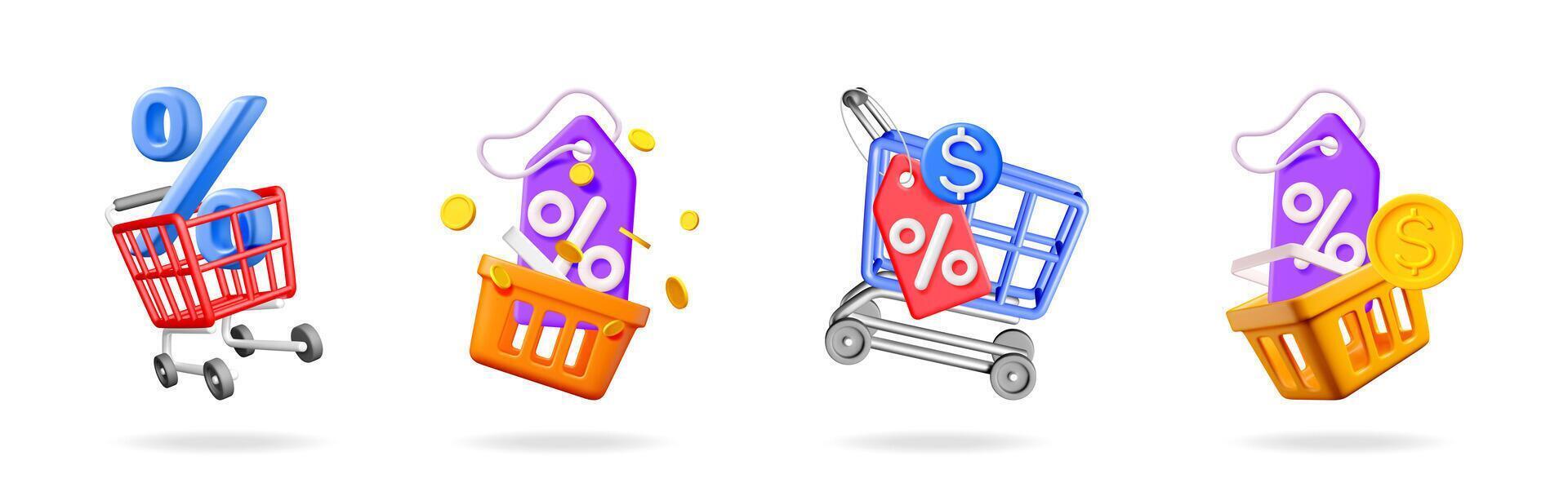 3d commerce elements with shopping cart vector