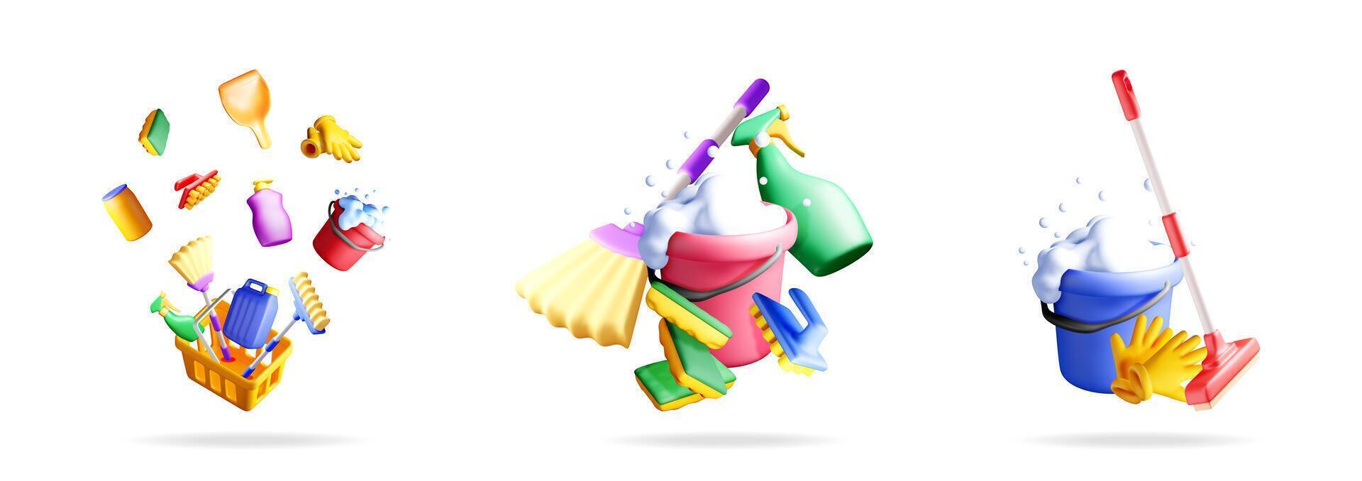 Colorful cleaning tools and supplies vector
