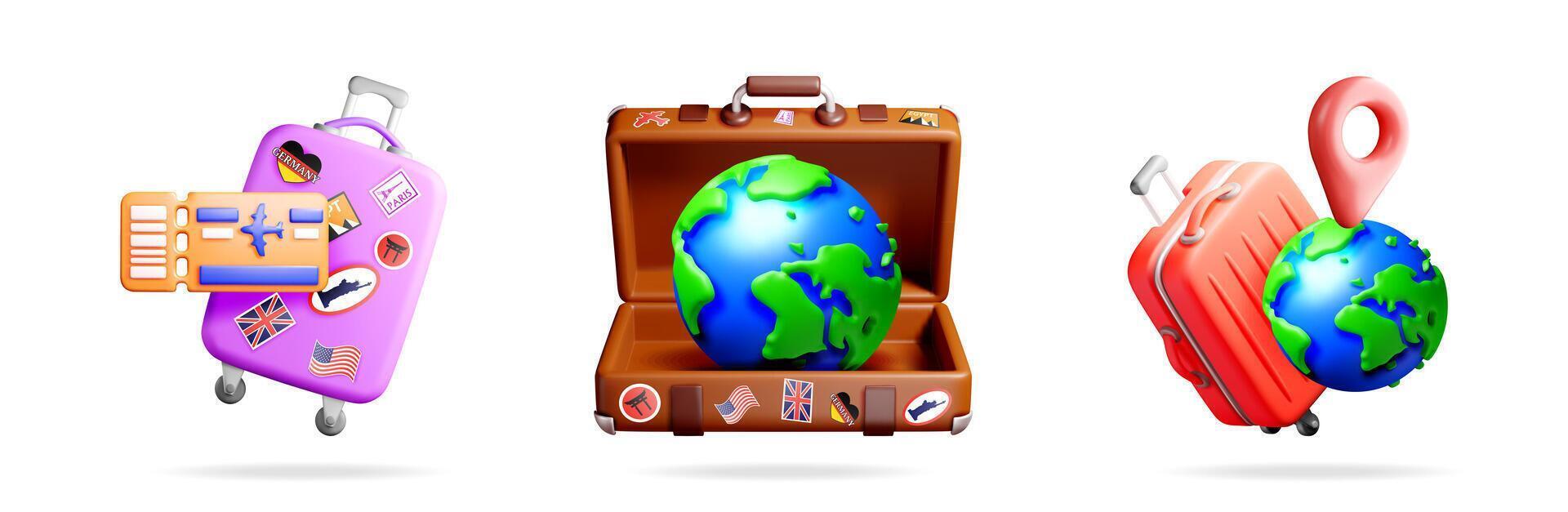 Colorful travel suitcase icons with globe vector
