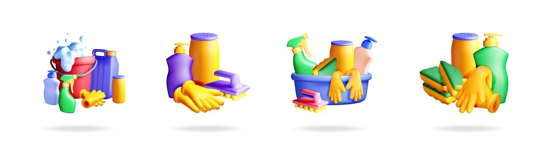 3d cleaning supplies with bucket and bottles vector