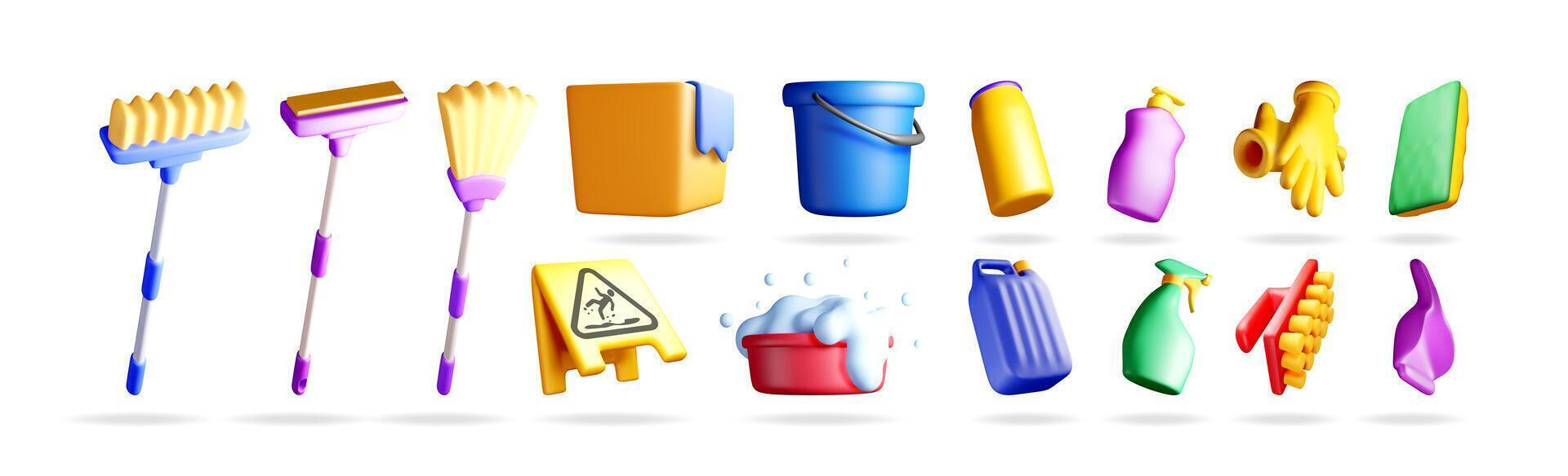 3d set cleaning supplies vector