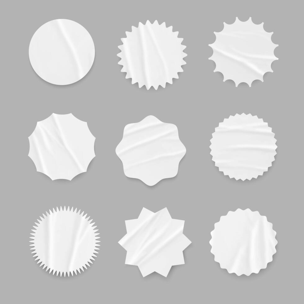 Round white different paper stickers with folds vector