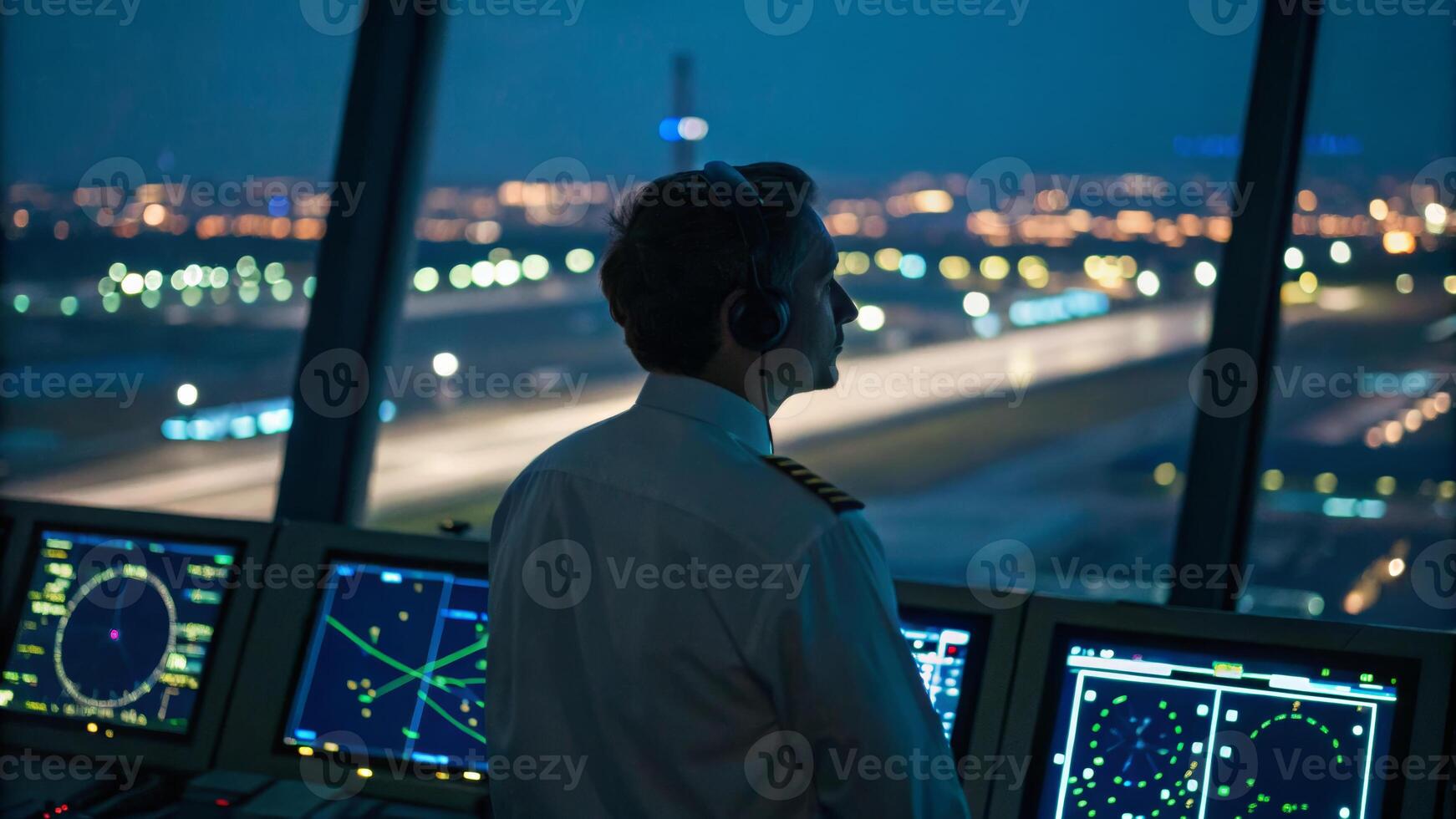 Air traffic controller night radar screen airport uniform headset control tower runway Flight disruption concept photo