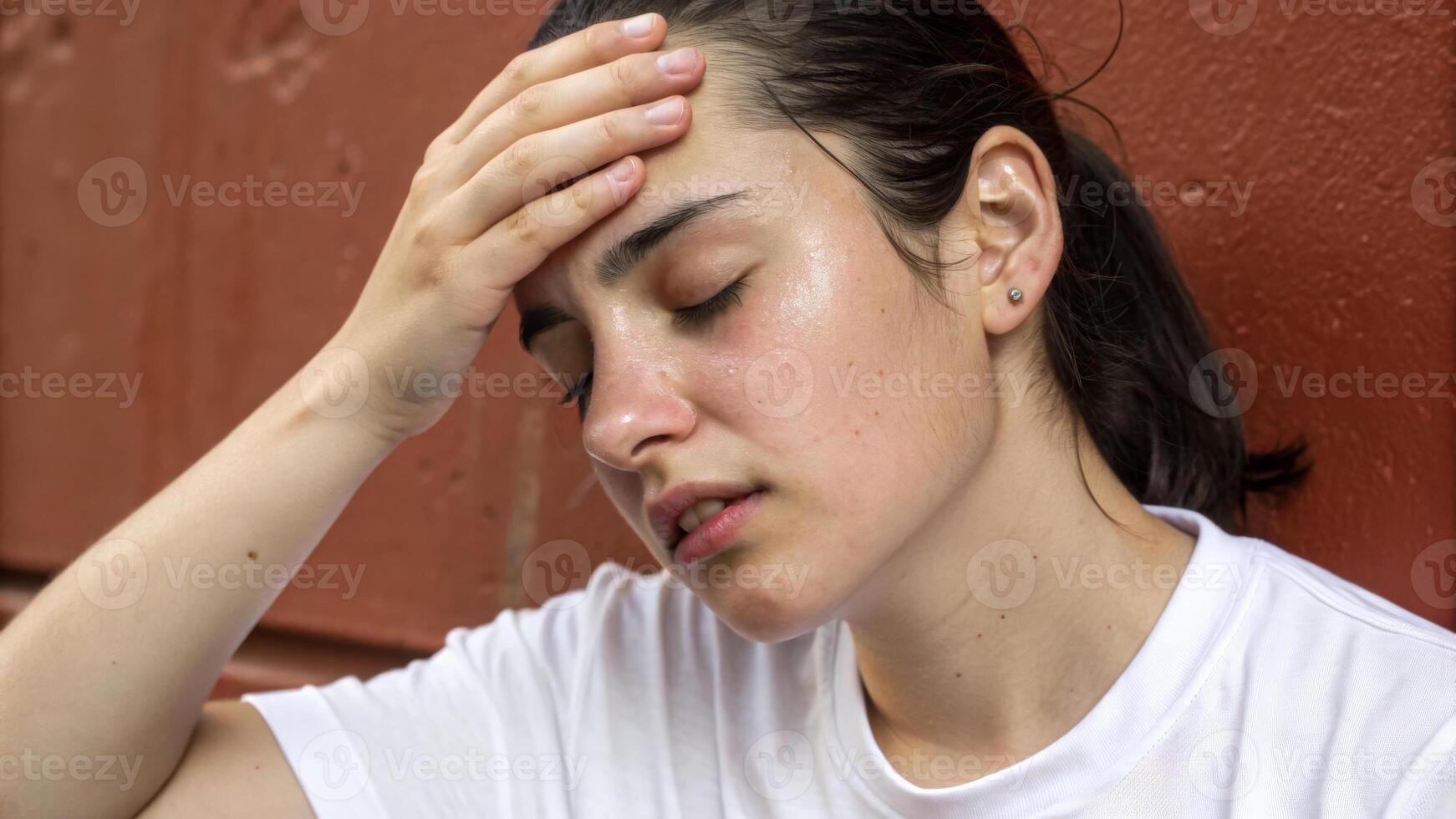 Overheated woman sweaty exhausted headache fatigue outdoor summer health risk discomfort. Heat stroke concepts photo