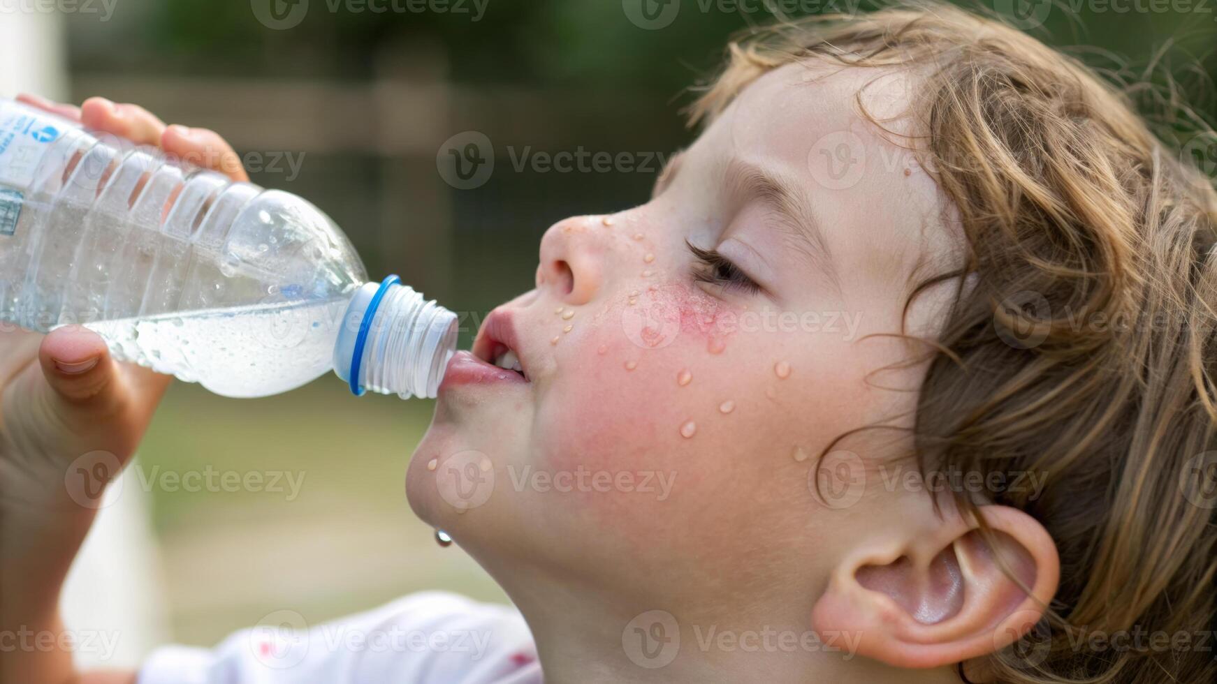 Sweaty child drinking water bottle outdoor summer heat hydration relief happy. Heat stroke concepts photo