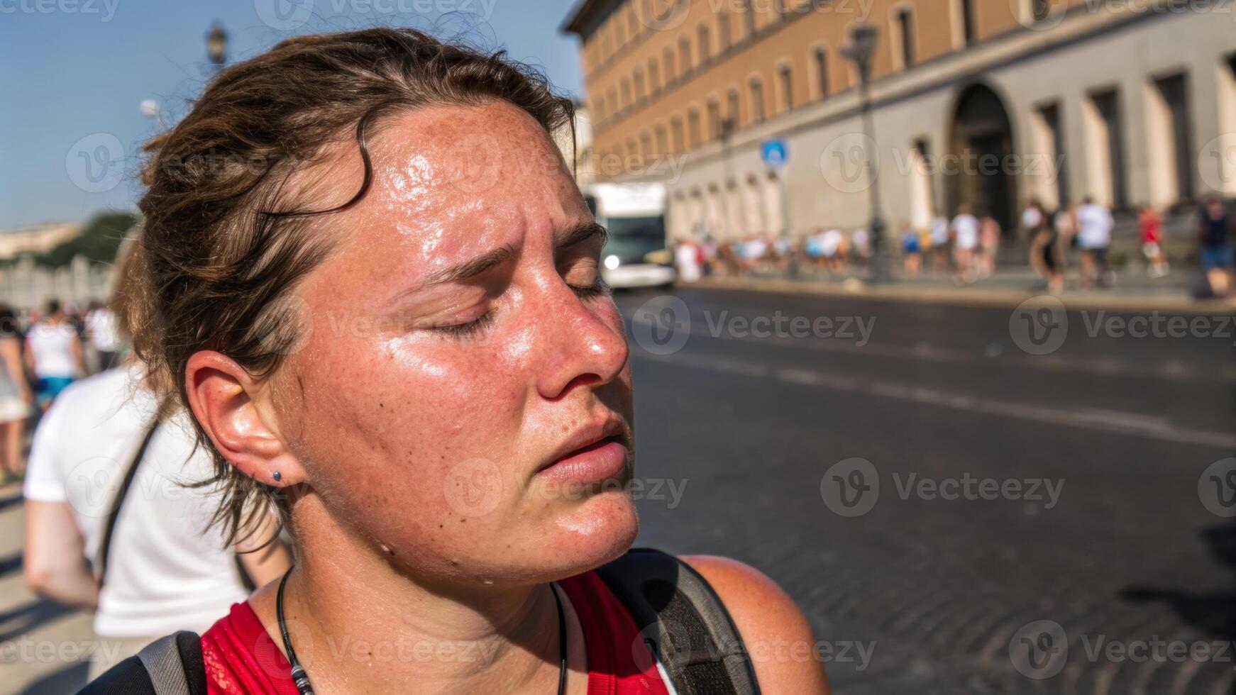 Woman sweat heat exhaustion summer outdoor tired dehydration woman with sweaty face shows signs of heat. Heat stroke concepts photo