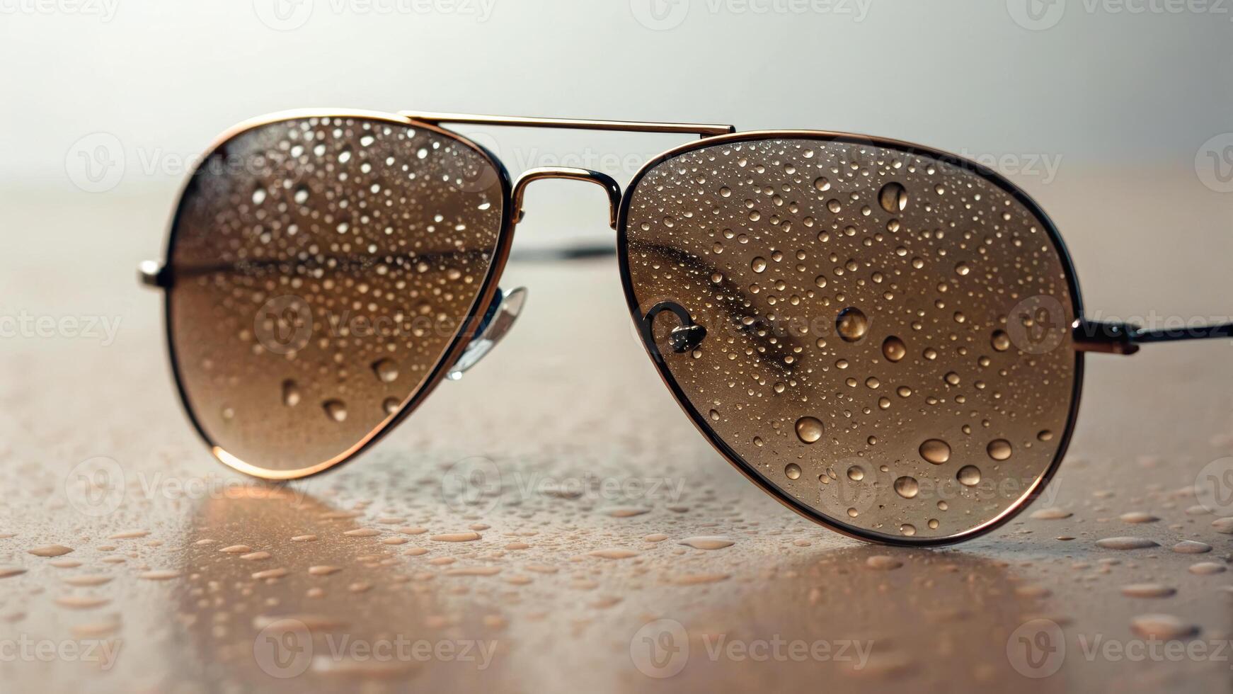 Sunglasses water droplet reflection brown metal closeup wet surface create moody atmosphere. Heat stroke concepts photo