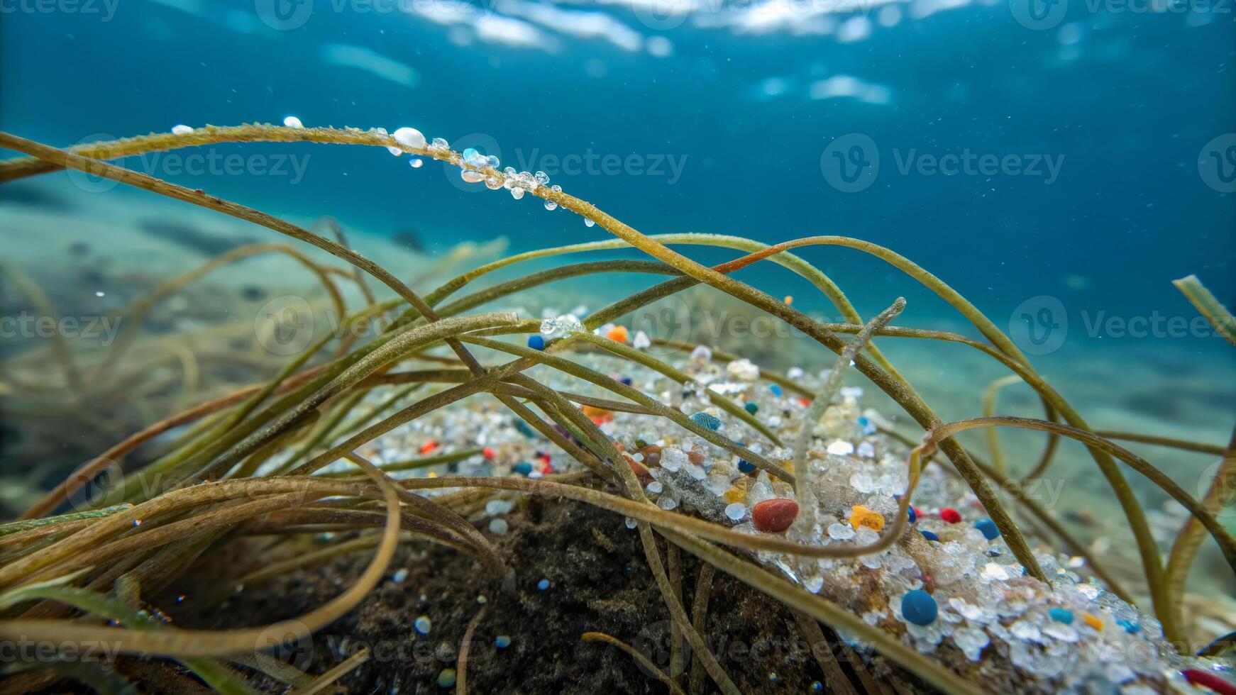 Microplastic polluted. Microplastic pollution underwater ocean seaweed colorful environmental nature photo