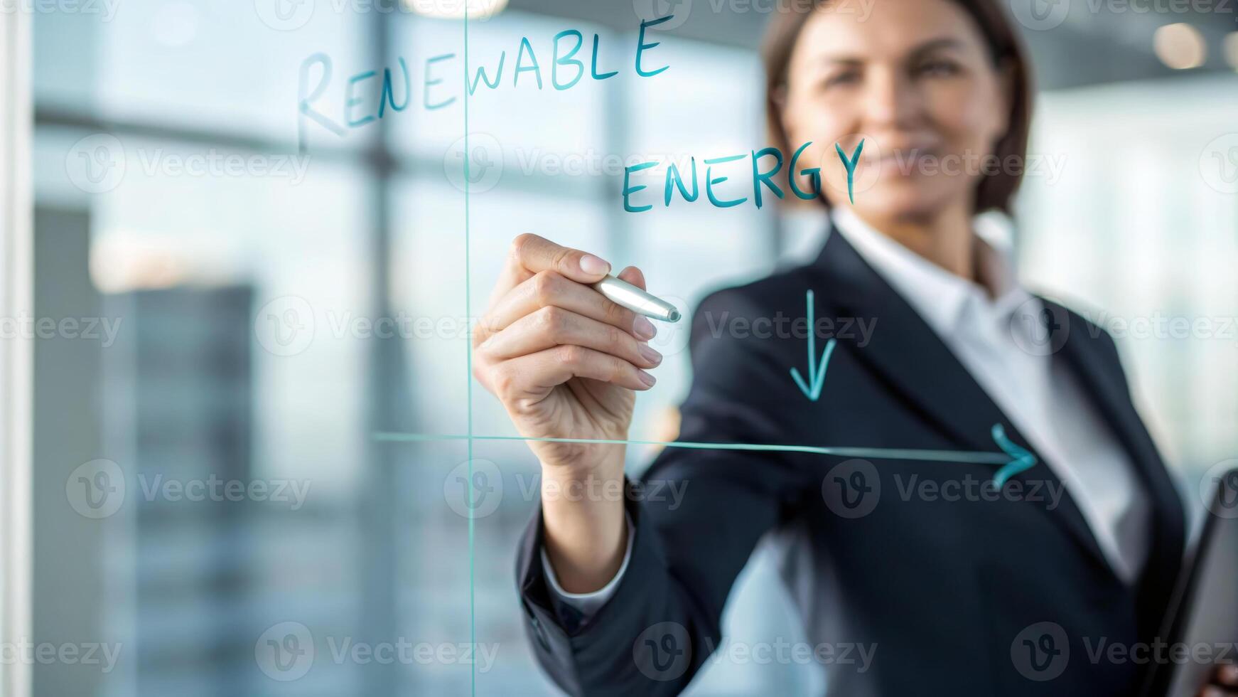 A Renewable energy investment. Businesswoman hand writing renewable energy strategy. Finance sustainable, Eco-friendly clean climate change photo