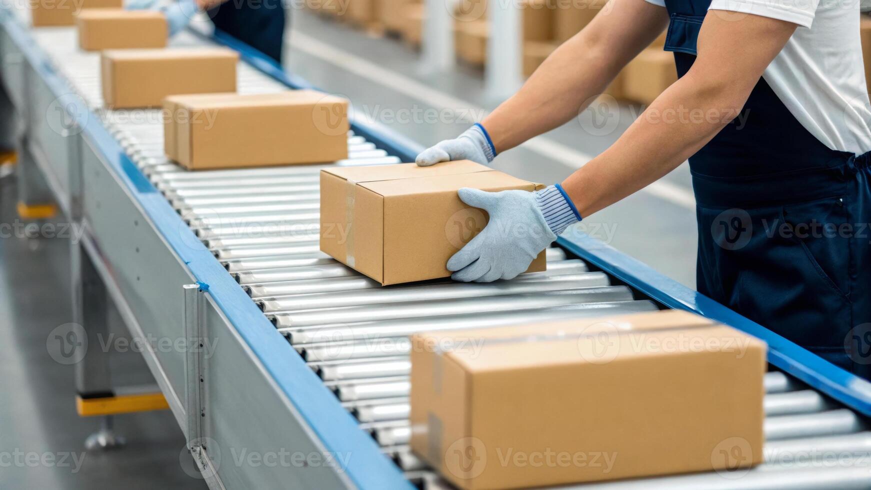 Delivery courier logistics ecommerce shipping. Worker conveyor package shipping logistics warehouse delivery gloves box photo