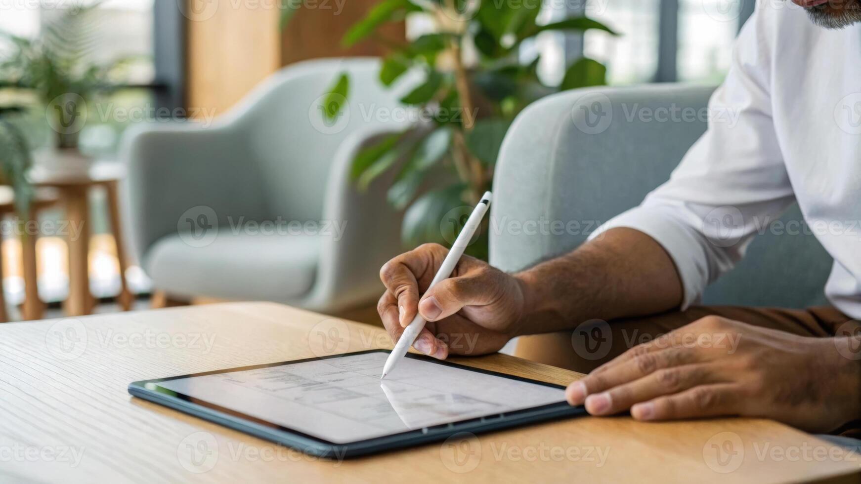 Flexible working. Man using digital tablet stylus creative workspace modern office remote work, hybrid, work from home ,remote ,work life balance photo