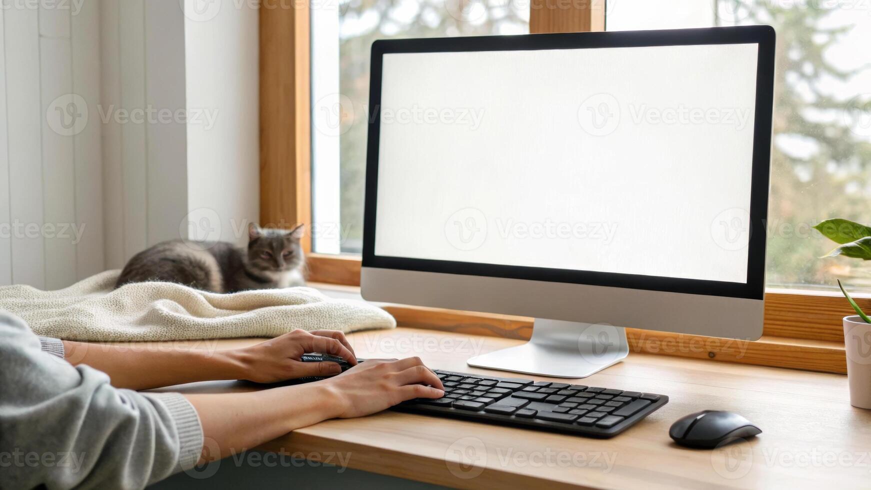Flexible working. Home office workspace with computer, person typing, cat windowsill, hybrid, work from home ,remote ,work life balance photo
