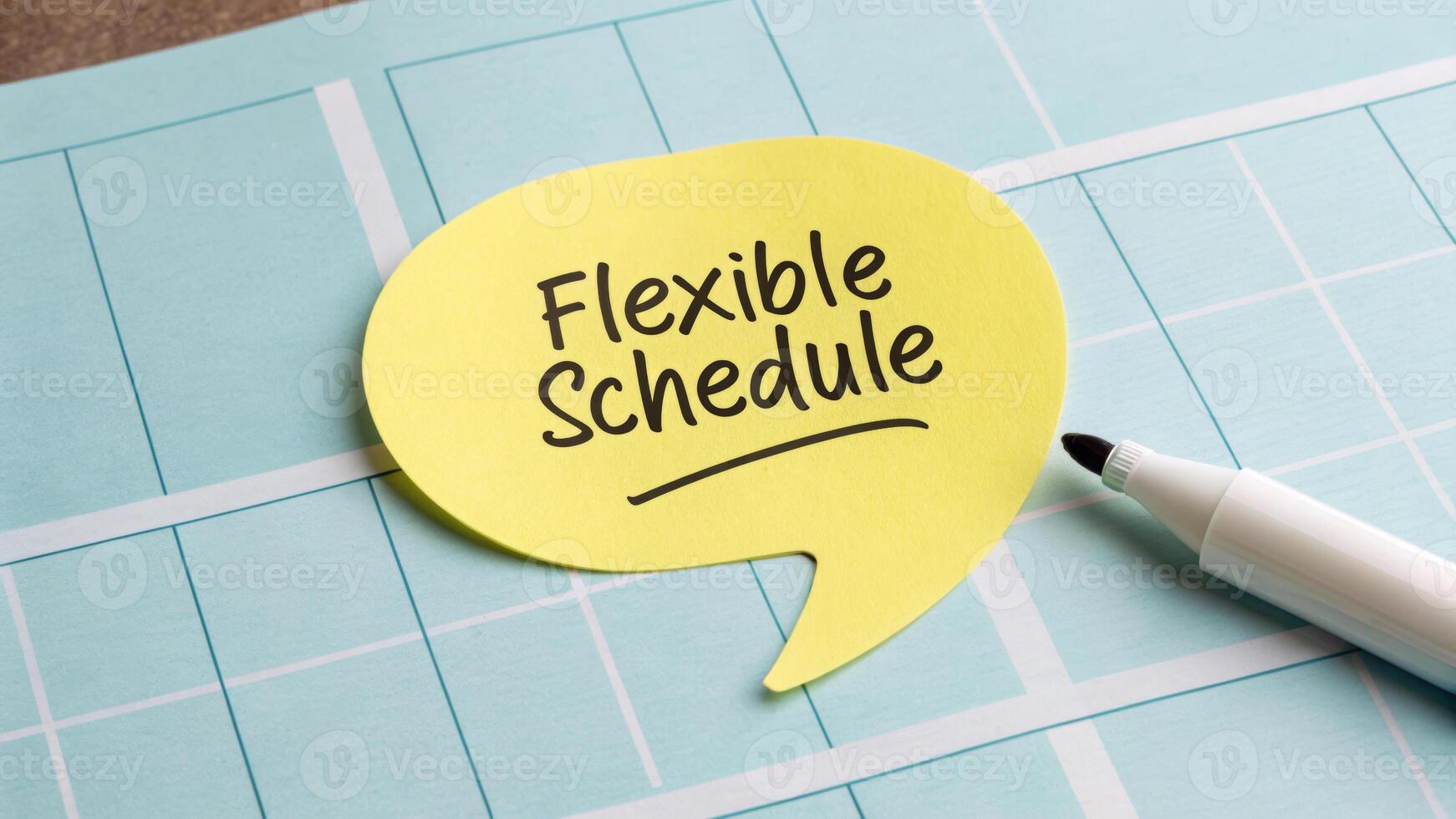 Flexible working. Flexible schedule yellow speech bubble planner with marker, promoting work, hybrid, work from home ,remote ,work life balance photo