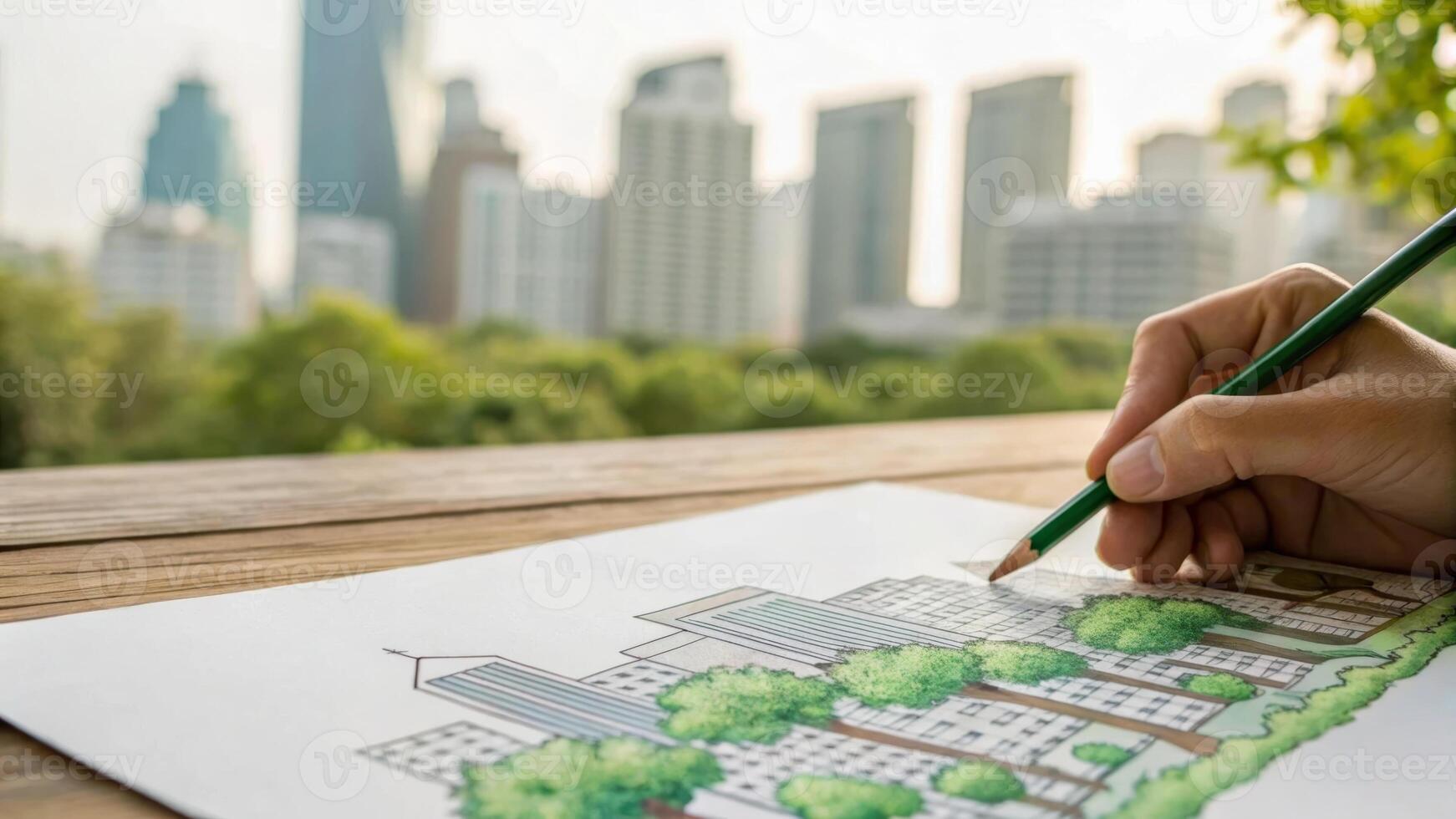 Sustainable business green environmental. Urban green business environmental drawing hand pencil city architecture . Environment, earth day, corporate, development, eco friendly, save energy photo